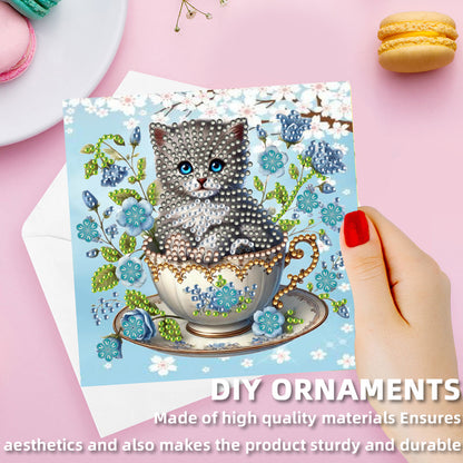 12Pcs Teacup Cat DIY Diamond Painting Greeting Card Kit for Adults Gifts