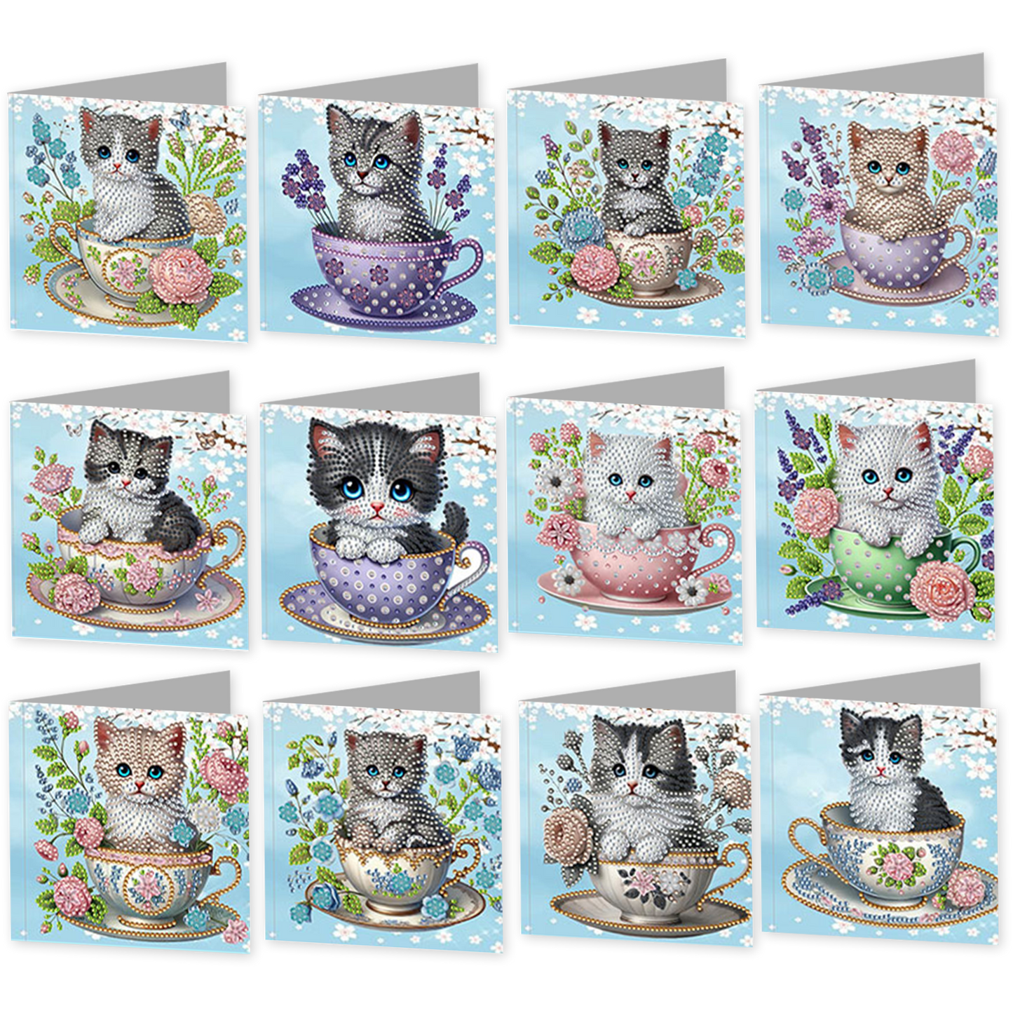 12Pcs Teacup Cat DIY Diamond Painting Greeting Card Kit for Adults Gifts