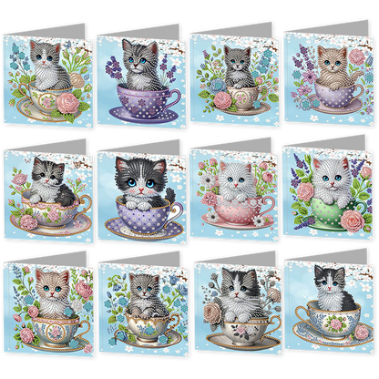 12Pcs Teacup Cat DIY Diamond Painting Greeting Card Kit for Adults Gifts