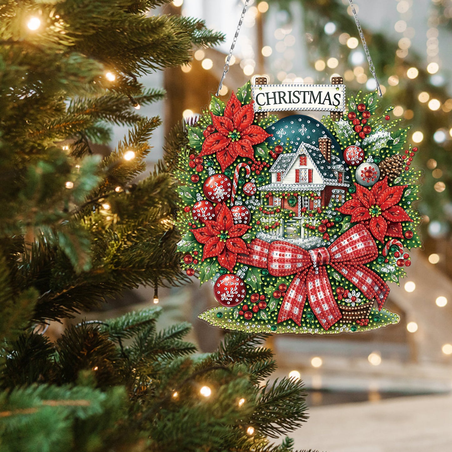 Christmas House DIY 2D Flat Acrylic Double Sided Diamond Painting Kits Pendant