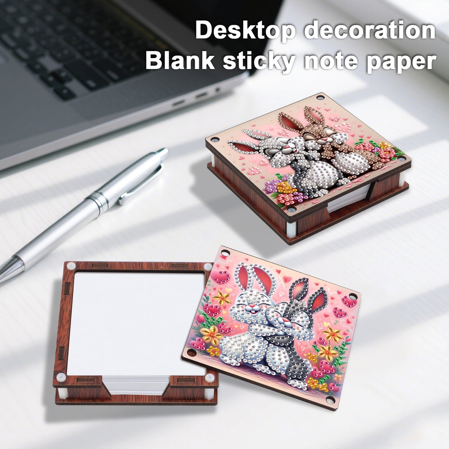 4pcs Wooden DIY Bunny Cat Diamond Painting Kit Note Box with 480 Papers Gifts