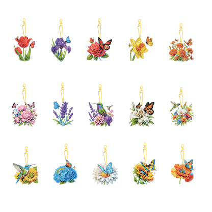 15Pcs Flowers DIY Double Sided Diamond Painting Keychain Kits for Beginners