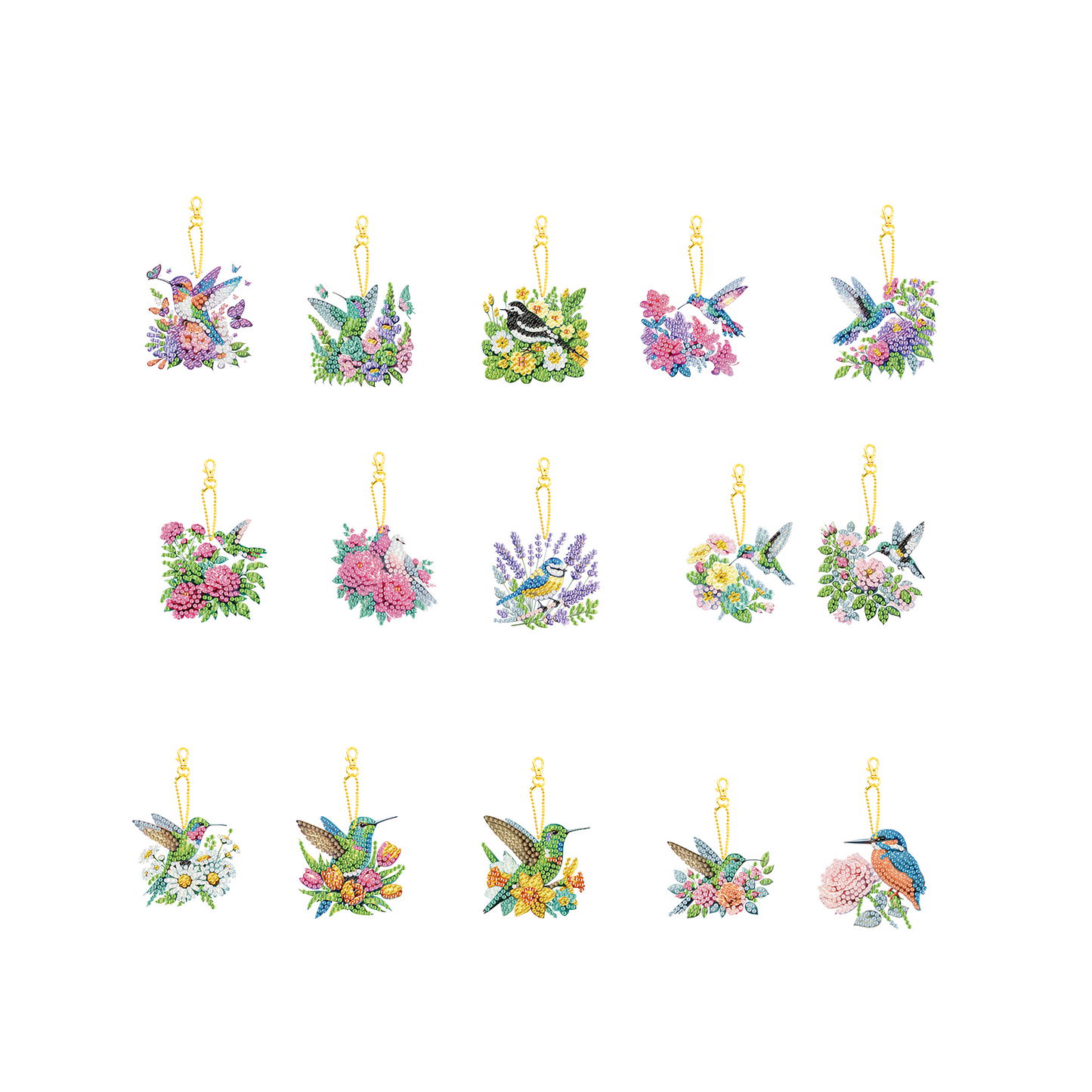 15Pcs Flowers Birds DIY Double Sided Diamond Painting Keychain Kits for Adults