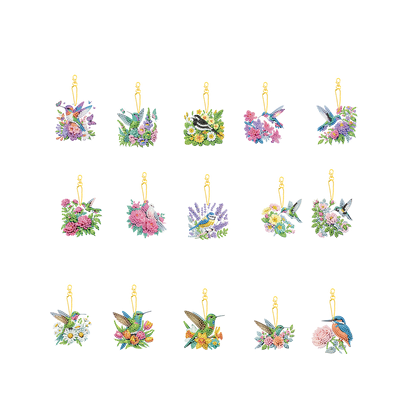15Pcs Flowers Birds DIY Double Sided Diamond Painting Keychain Kits for Adults