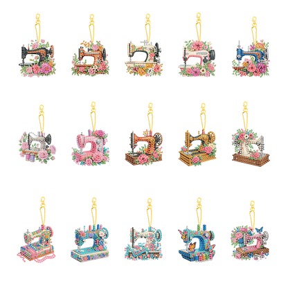 15Pcs Sewing Machine DIY Double Sided Diamond Painting Keychain Kits for Adults