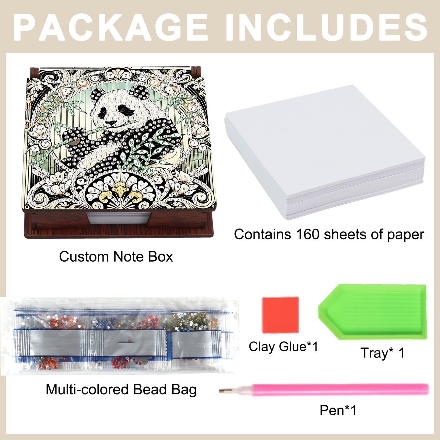 Wooden DIY Panda Diamond Painting Kit Note Box with 160 Papers for Office Desk