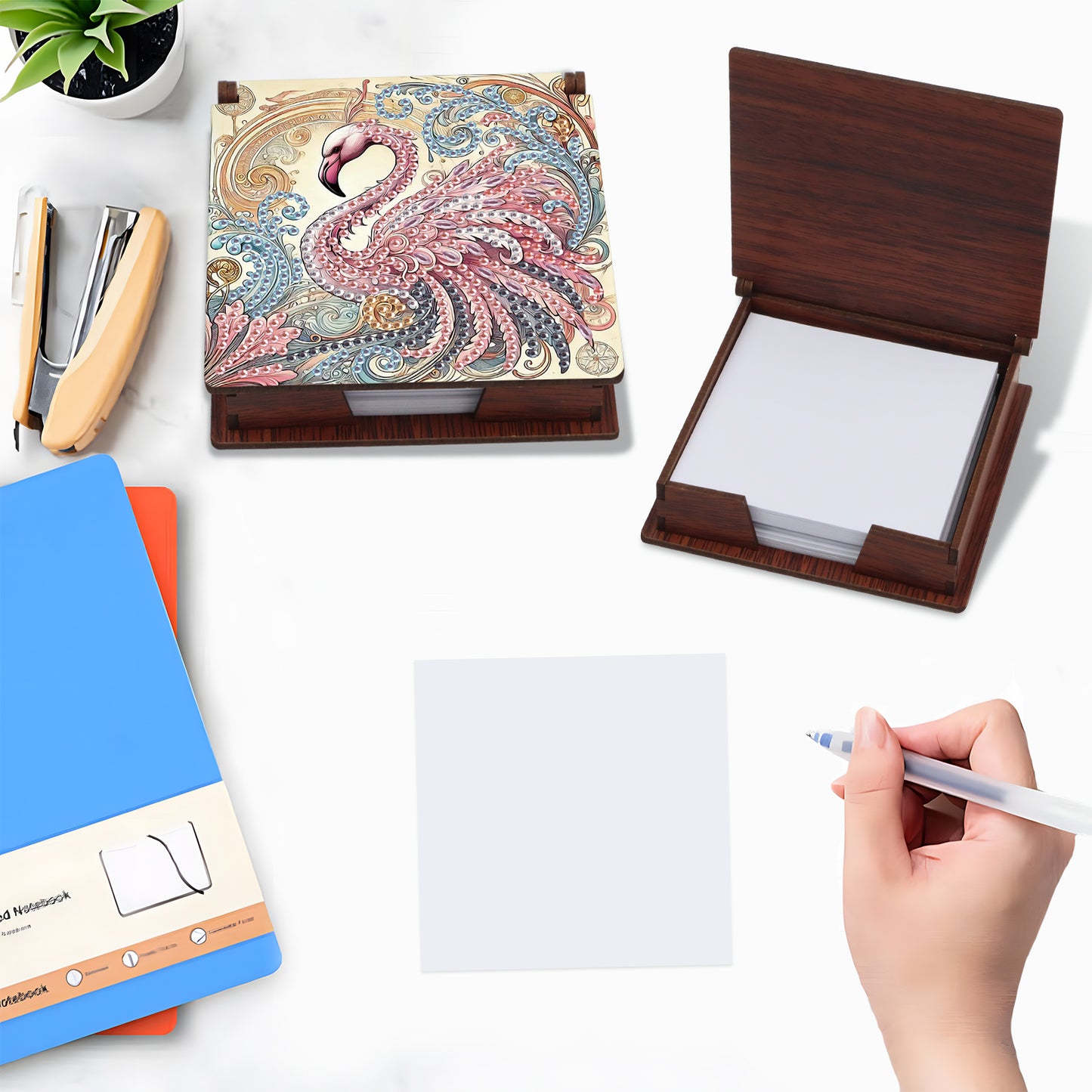 Wooden DIY Flamingo Diamond Painting Kit Note Box with 160 Papers for Office