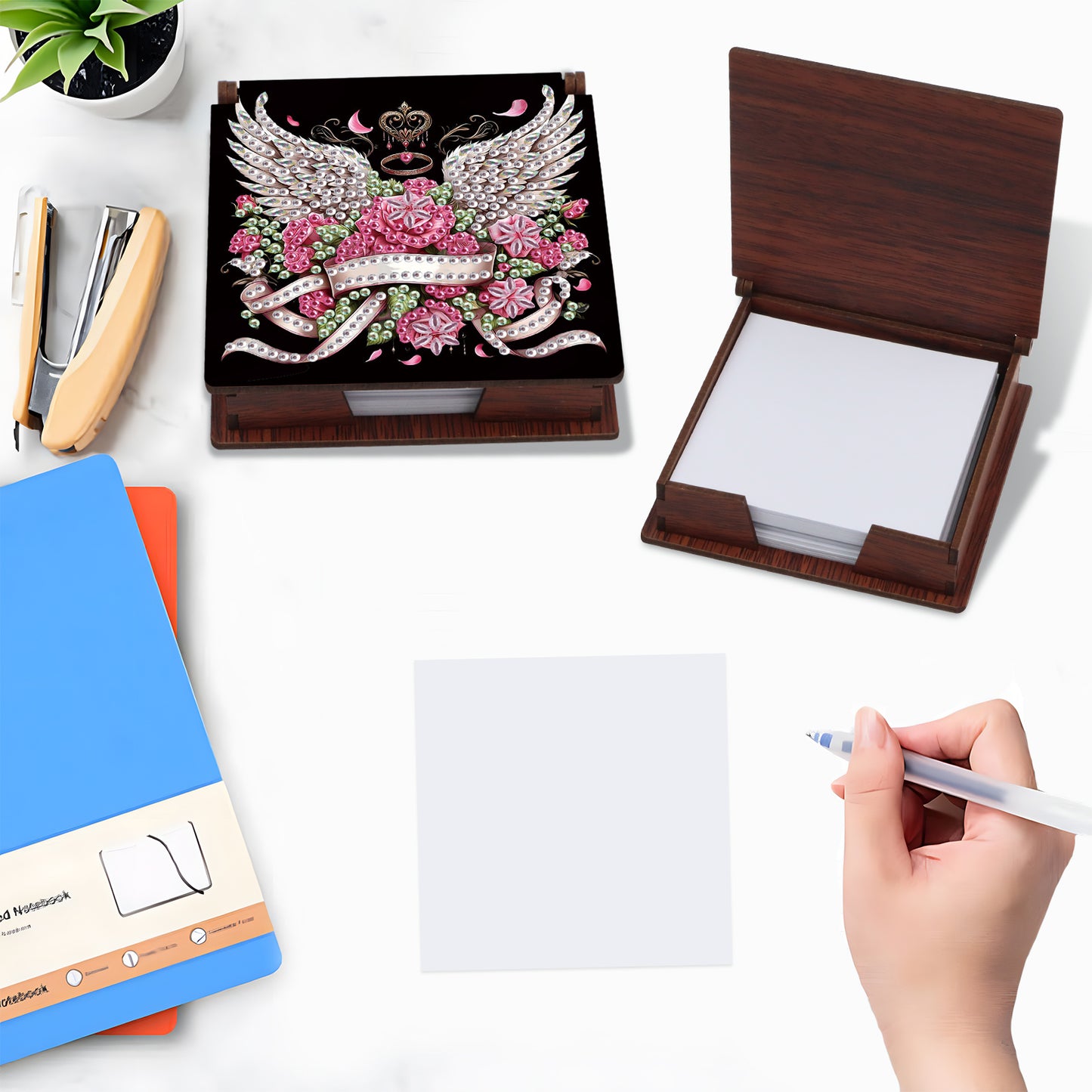 Wooden DIY Winged Flower Diamond Painting Kit Note Box with 160 Papers Gifts