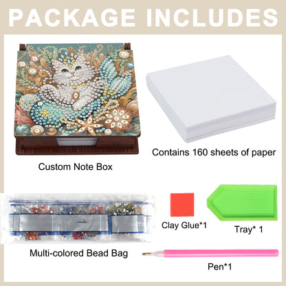 Wooden DIY White Cat Diamond Painting Kit Note Box with 160 Papers for Office