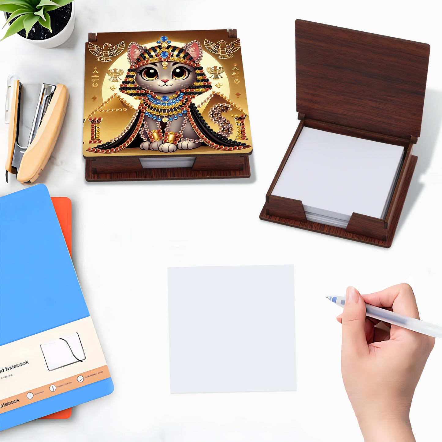 Wooden DIY Egyptian Cat Diamond Painting Kit Note Box with 160 Papers for Office