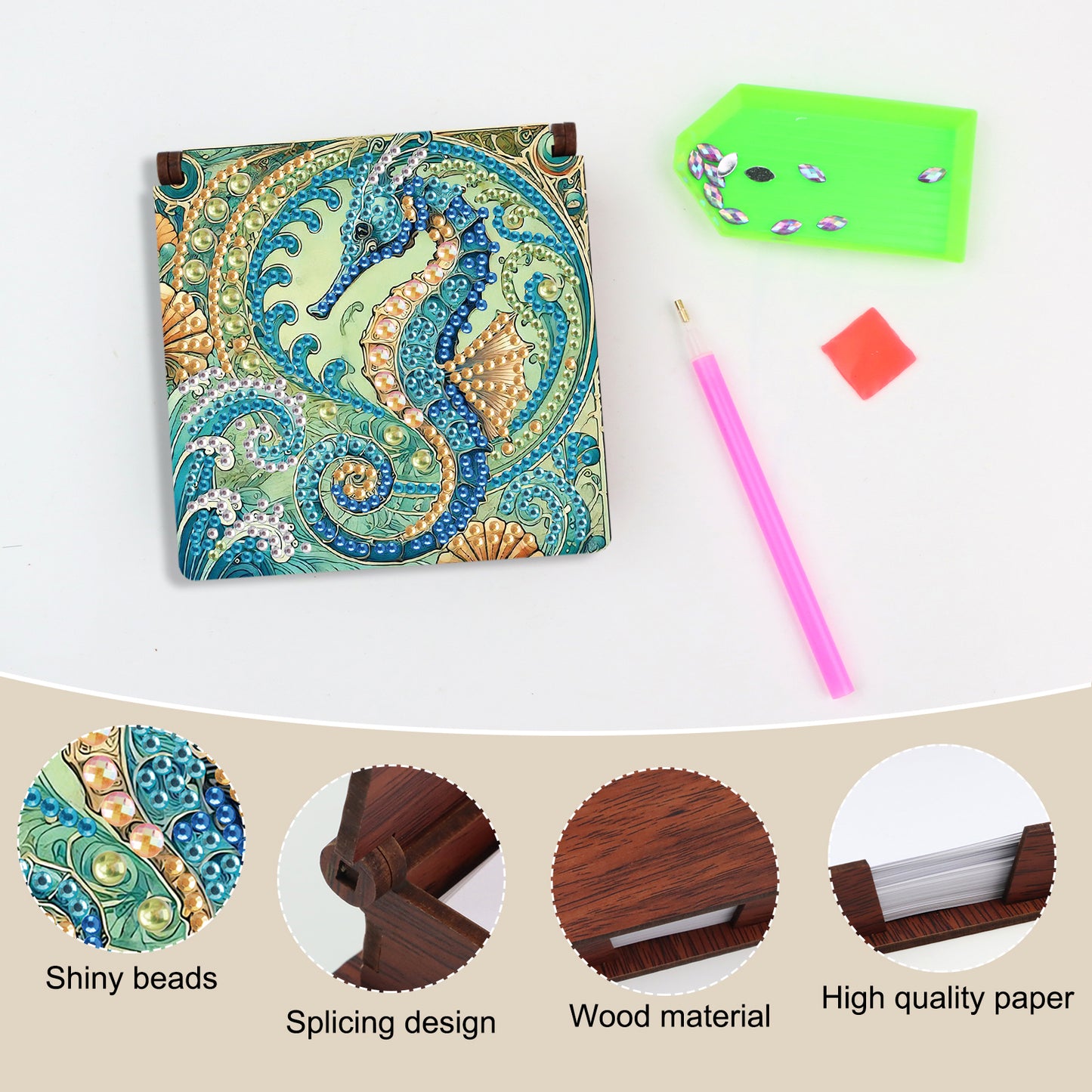 Wooden DIY Seahorse Diamond Painting Kit Note Box with 160 Papers for Office