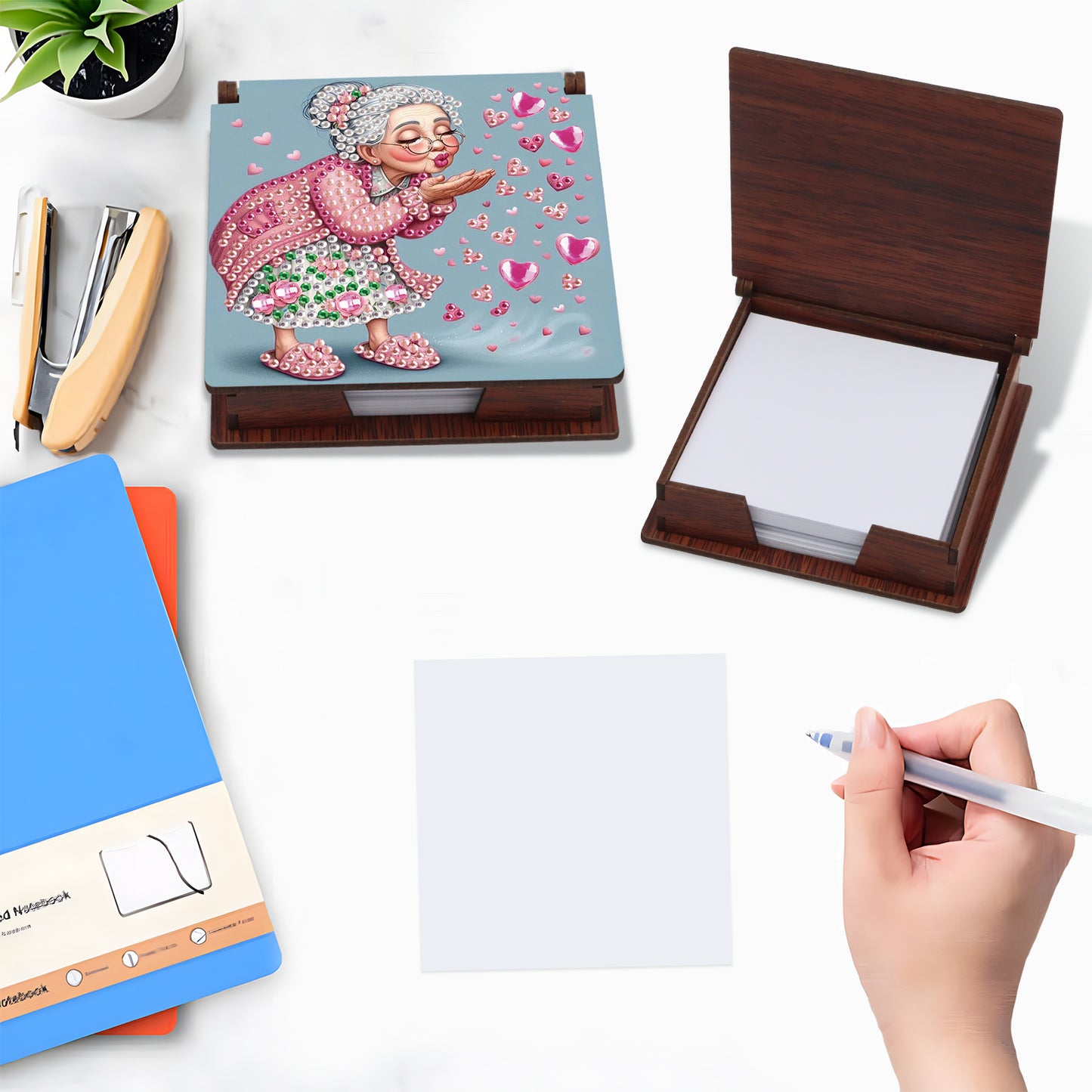 Wooden DIY Cute Old Lady Diamond Painting Kit Note Box with 160 Papers Gifts
