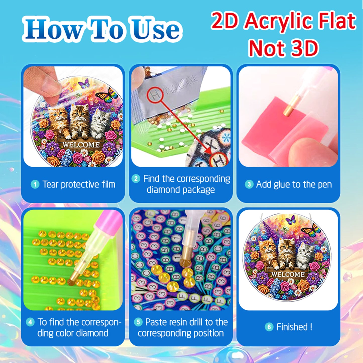 Kitty 2D Flat DIY Acrylic Diamond Painting Pendants Crafts for Home Wall Decor