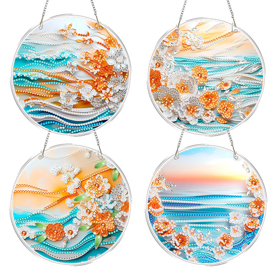 4pcs Beach Flowers DIY 2D Flat Acrylic Diamond Painting Kits Diamond Art Pendant