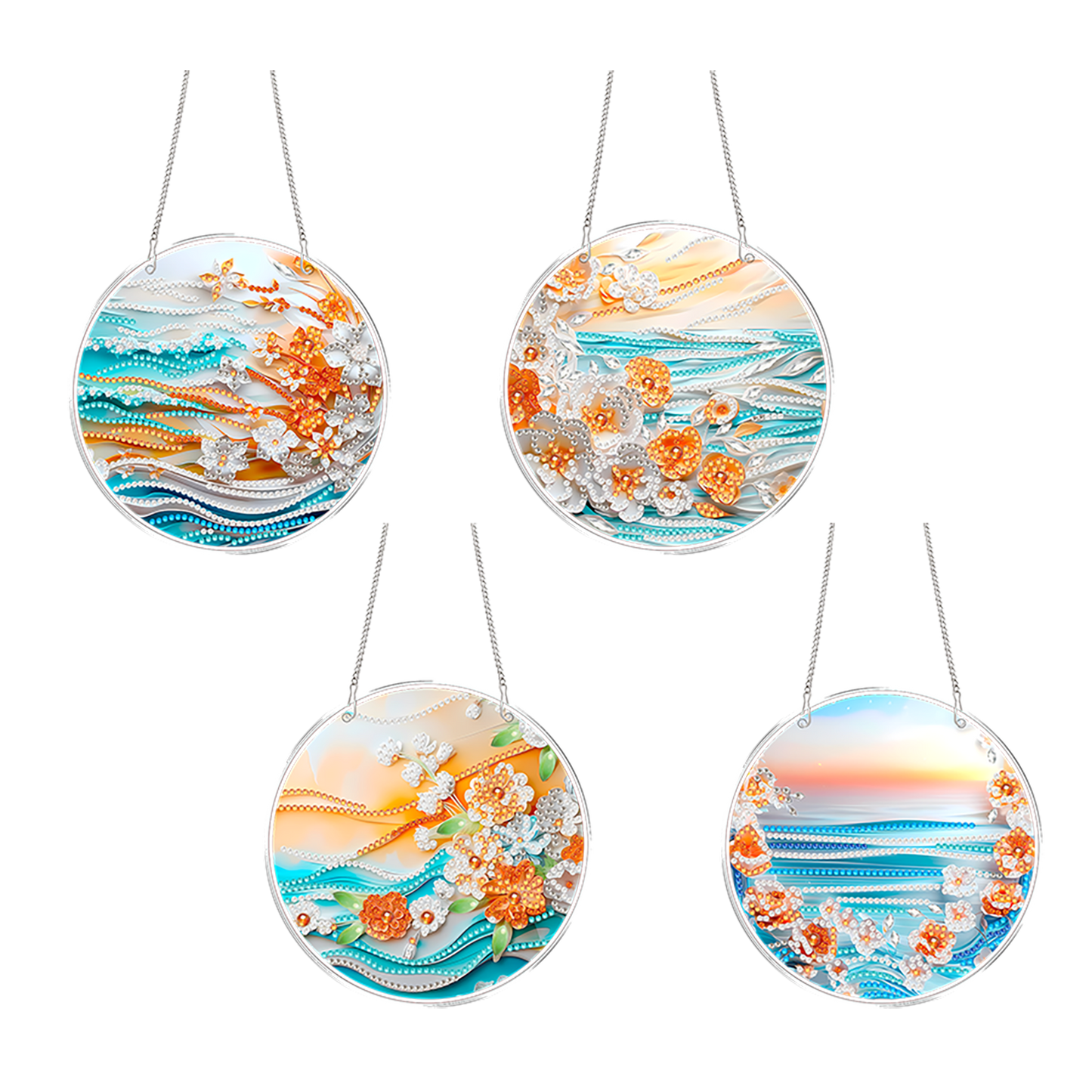 4pcs Beach Flowers DIY 2D Flat Acrylic Diamond Painting Kits Diamond Art Pendant