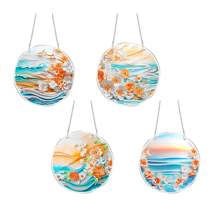 4pcs Beach Flowers DIY 2D Flat Acrylic Diamond Painting Kits Diamond Art Pendant