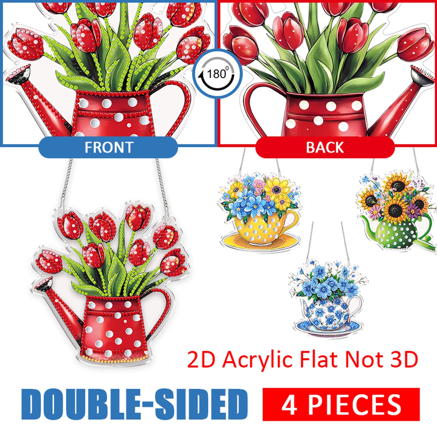 4pcs Vase 1 DIY 2D Flat Acrylic Diamond Painting Kits Diamond Art Pendant