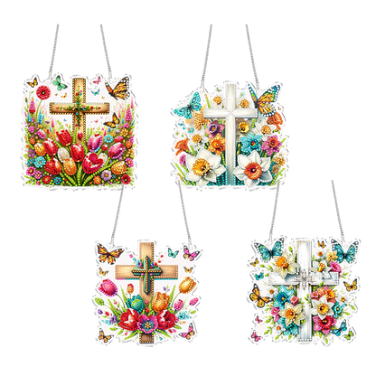 4Pcs Flower Cross 2D Flat DIY Special Shape Diamond Art Hanging Pendant Kit