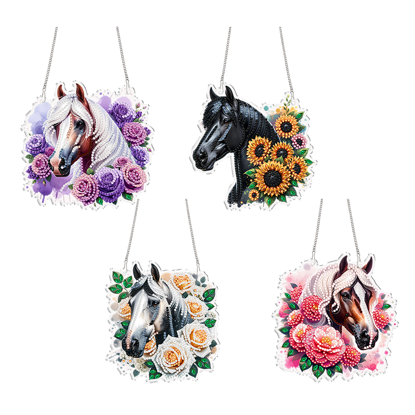 4Pcs Flower Horse 2D Flat DIY Special Shape Diamond Art Hanging Pendant Kit