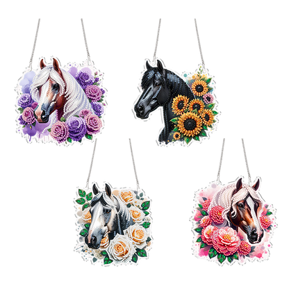 4Pcs Flower Horse 2D Flat DIY Special Shape Diamond Art Hanging Pendant Kit