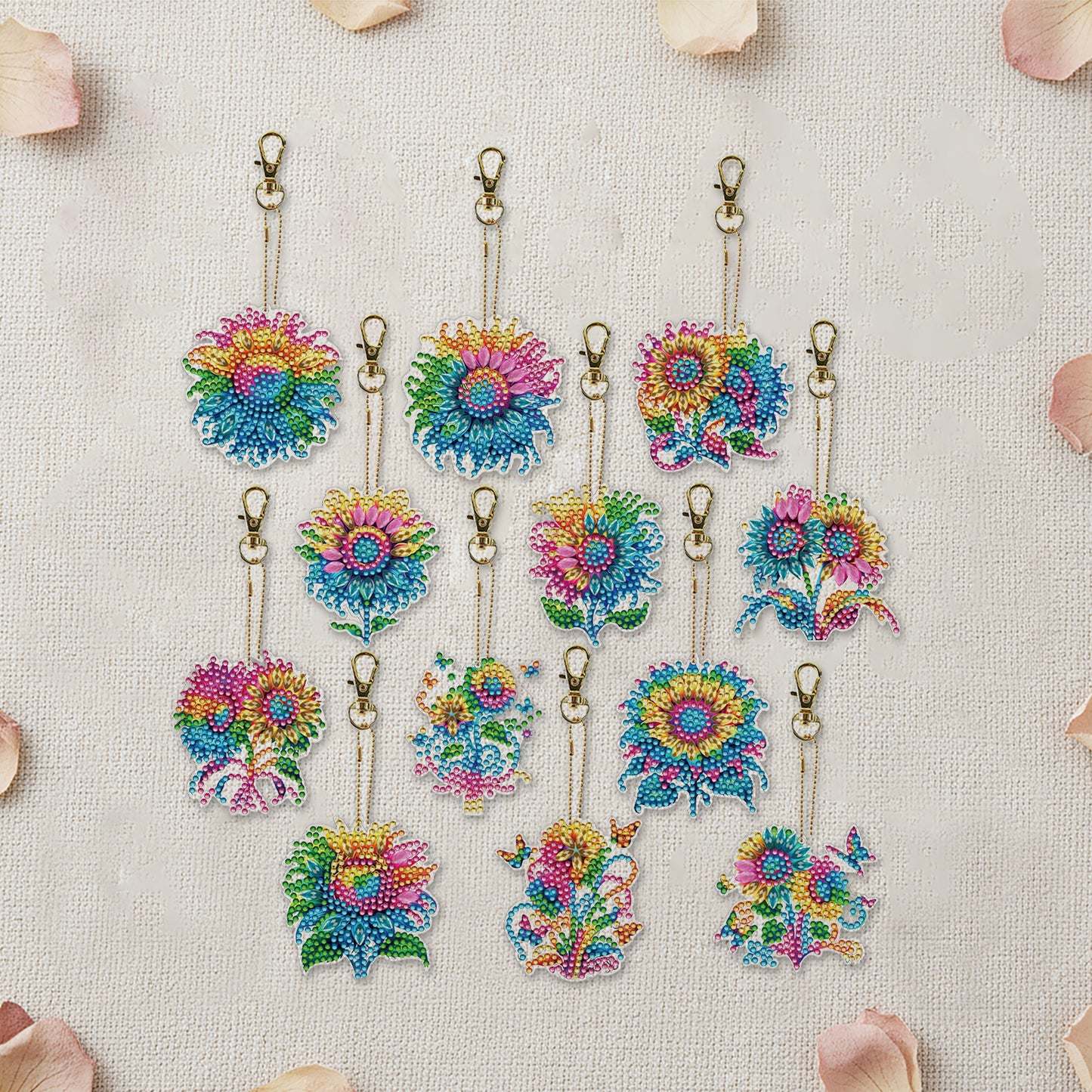 Rainbow 12Pcs 2D Flat DIY Diamond Painting Keychain PVC Crystal Painting Keyring