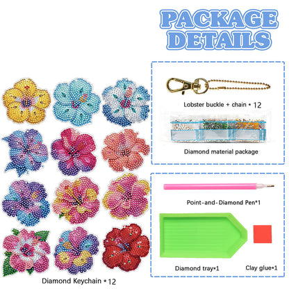 Flower 12Pcs 2D Flat DIY Diamond Painting Keychain PVC Crystal Painting Keyring