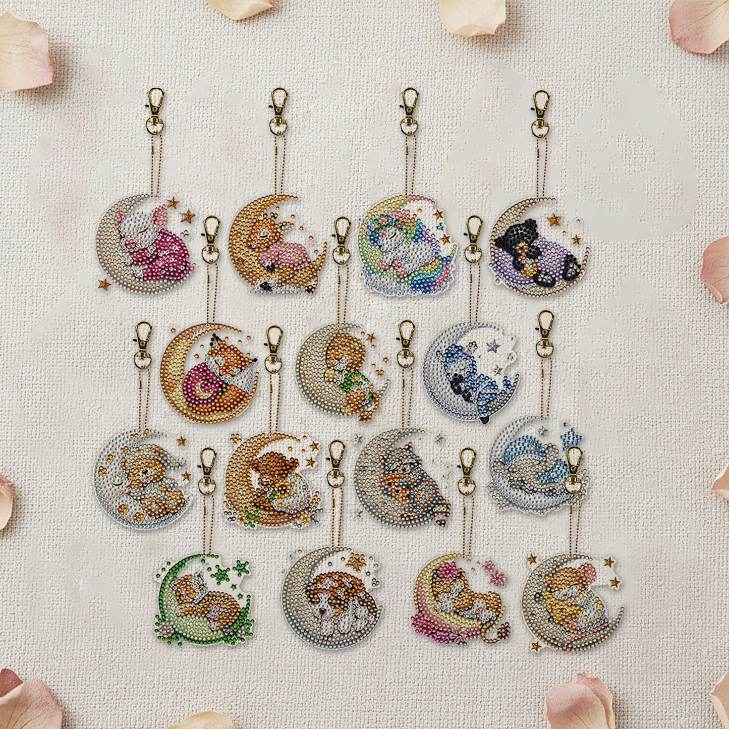 15Pcs Goodnight Animal DiY Double-Sided Diamond Art Keychain Ornament Party Gfit