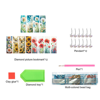 12Pcs Flowers DIY Diamond Art Painting Bookmark for Reading Enthusiasts