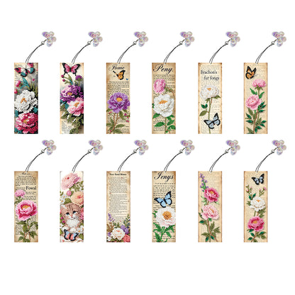 12Pcs Flowers Words DIY Diamond Art Painting Bookmark for Reading Enthusiasts