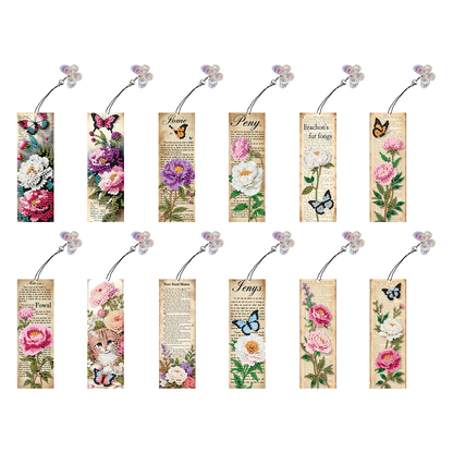 12Pcs Flowers Words DIY Diamond Art Painting Bookmark for Reading Enthusiasts