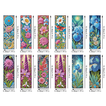 12Pcs Fresh Flowers DIY Diamond Art Painting Bookmark for Reading Enthusiasts