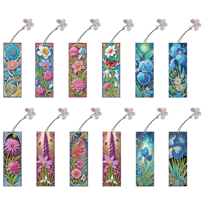 12Pcs Fresh Flowers DIY Diamond Art Painting Bookmark for Reading Enthusiasts