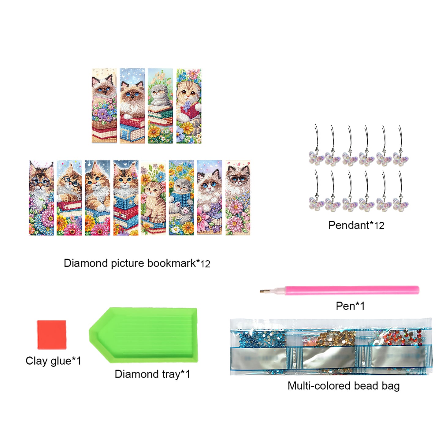 12Pcs Cats Books DIY Diamond Art Painting Bookmark for Reading Enthusiasts