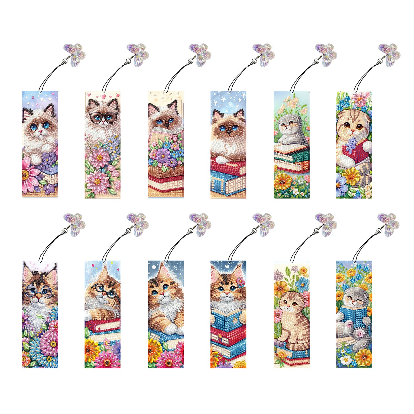 12Pcs Cats Books DIY Diamond Art Painting Bookmark for Reading Enthusiasts