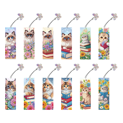 12Pcs Cats Books DIY Diamond Art Painting Bookmark for Reading Enthusiasts