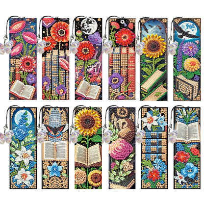 12Pcs Books Flowers DIY Diamond Art Painting Bookmark for Reading Enthusiasts