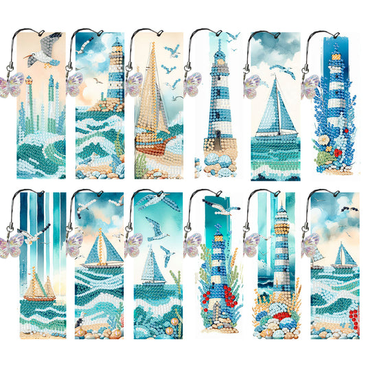 12Pcs Lighthouse Seaside Sailboat DIY Diamond Art Painting Bookmark for Beginner