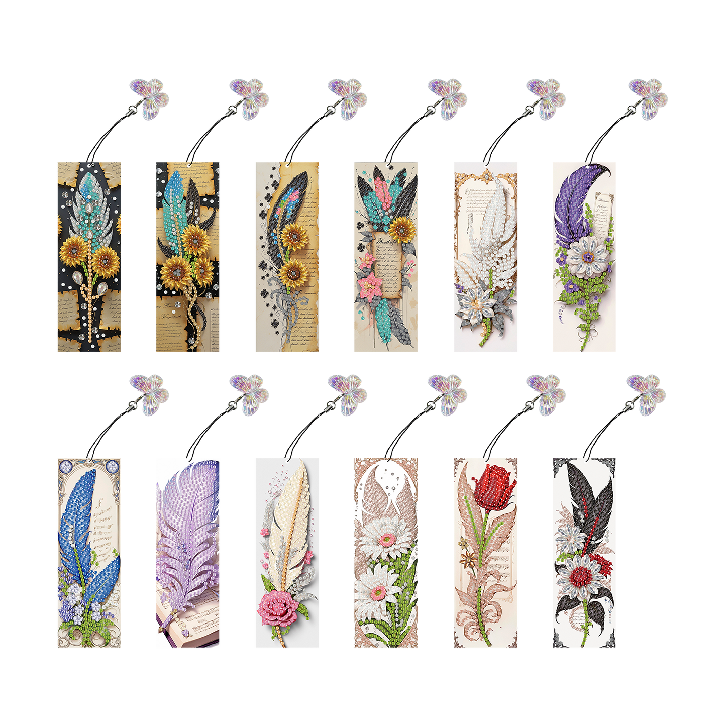 12Pcs Feathers Flowers DIY Diamond Art Painting Bookmark for Reading Enthusiasts