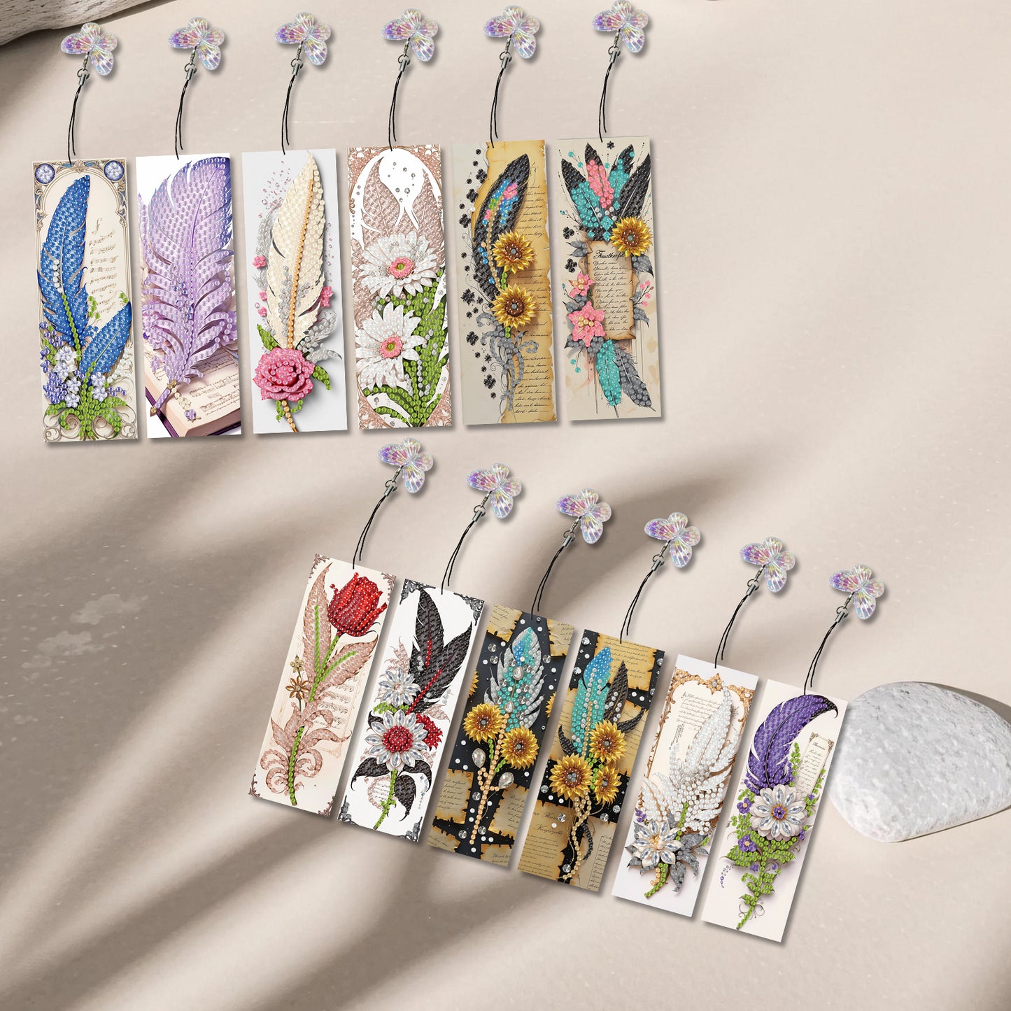 12Pcs Feathers Flowers DIY Diamond Art Painting Bookmark for Reading Enthusiasts