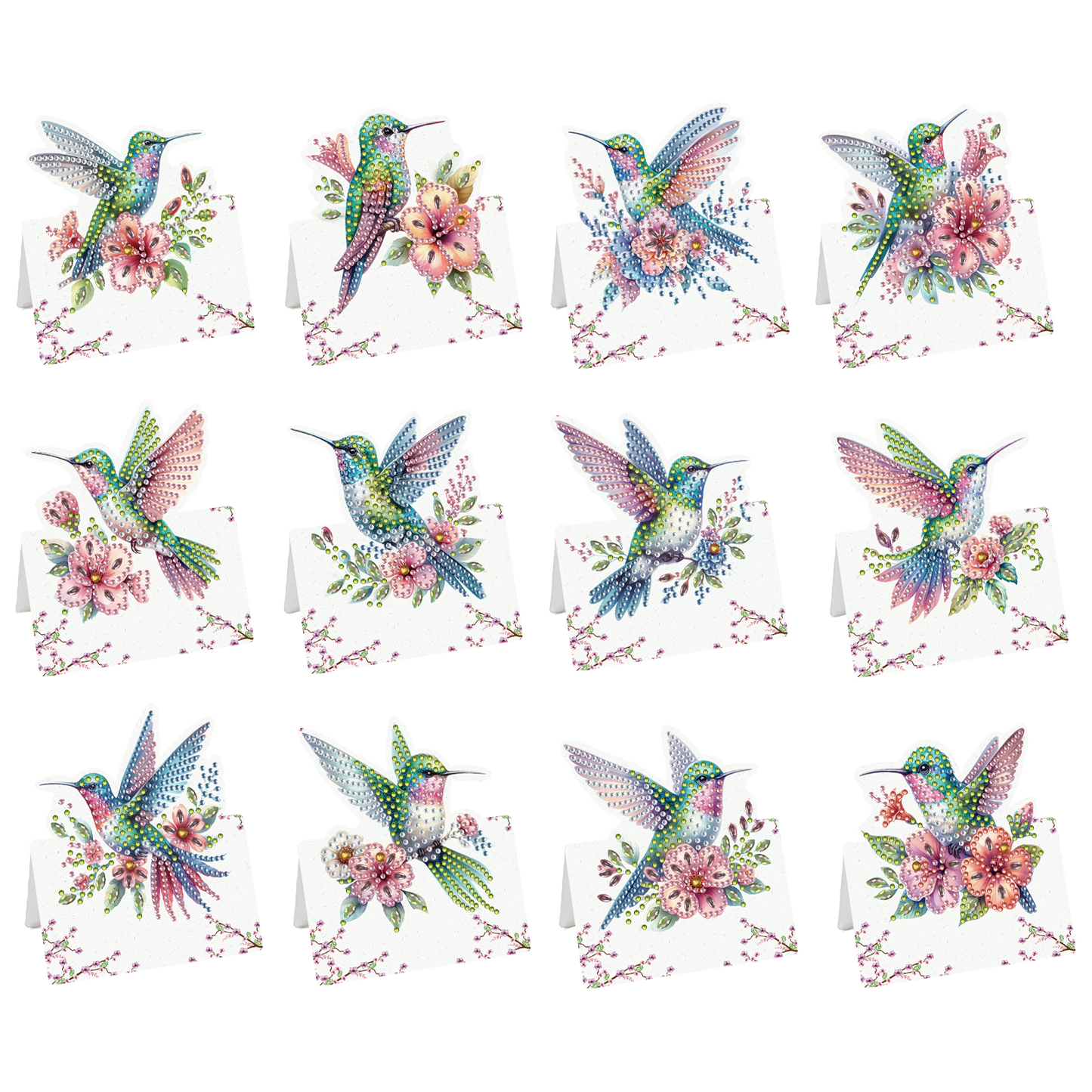 12pcs Flower Hummingbird DIY Diamond Art Greeting Cards with Envelopes for Adult