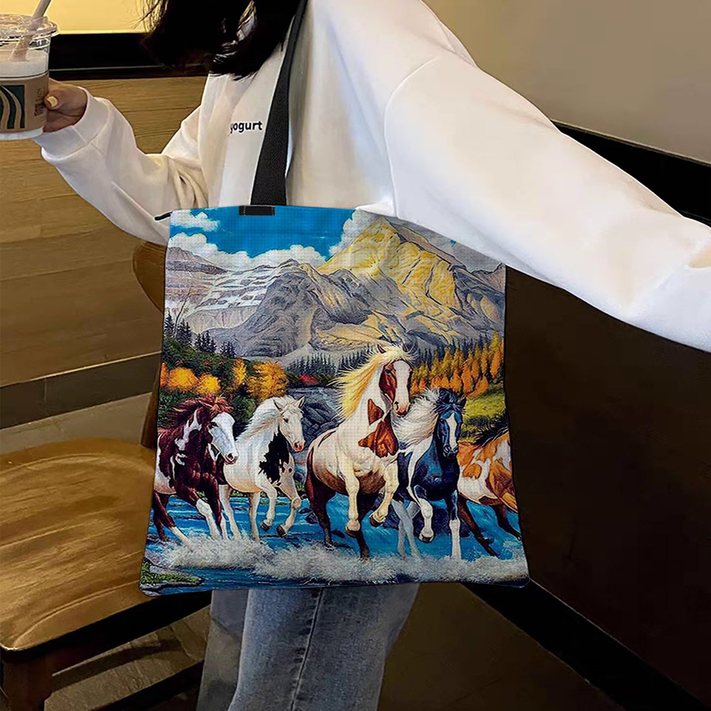 Herd of Horses Canvas Tote Bag Embroidery Kit 11CT Print 40x40cm for Beginners
