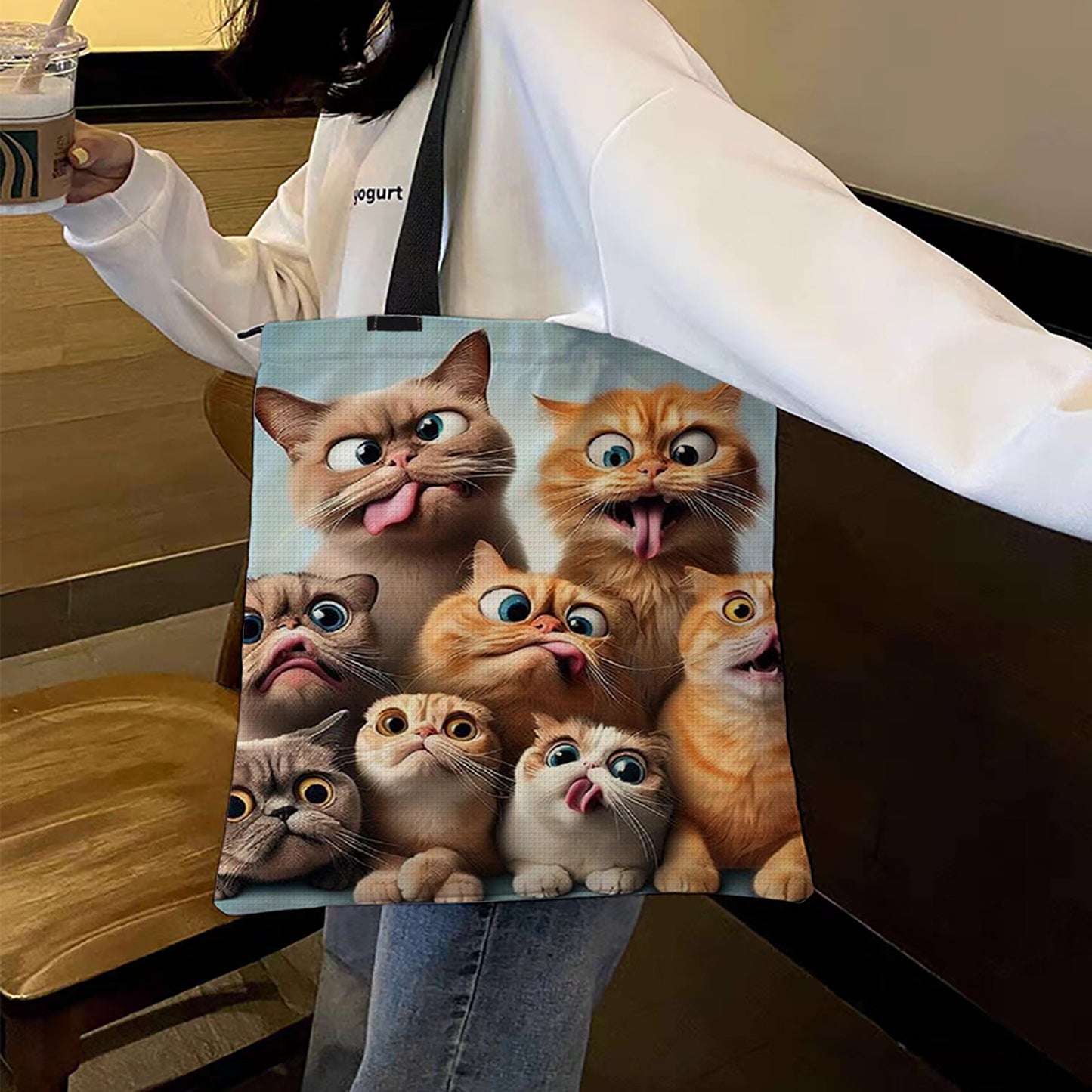 Funny Cat Canvas Tote Bag Embroidery Kit 11CT Print 40x40cm for Beginners Adults