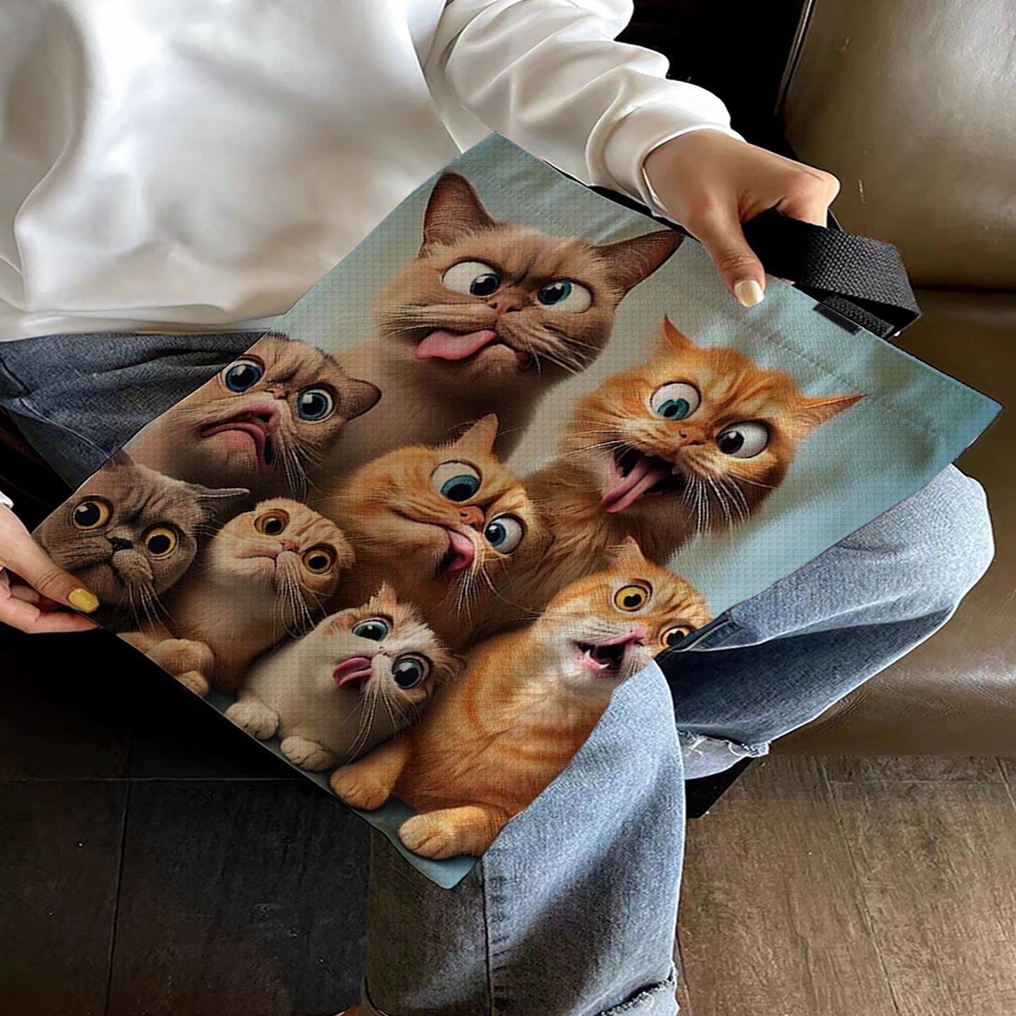 Funny Cat Canvas Tote Bag Embroidery Kit 11CT Print 40x40cm for Beginners Adults