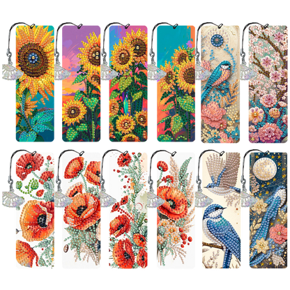 12Pcs Flowers and Birds DIY Diamond Painting Bookmarks for Reading Enthusiasts