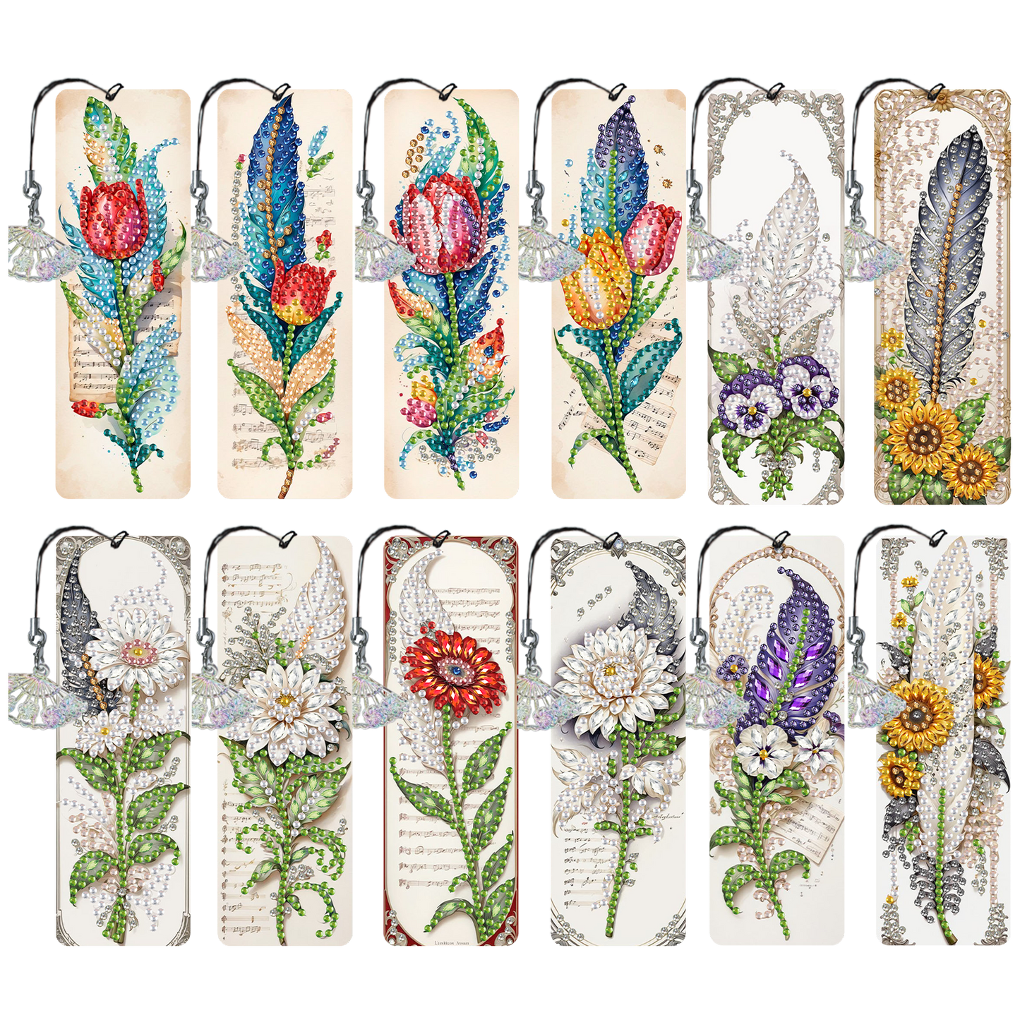 12Pcs Feathers and Flowers DIY Diamond Painting Bookmarks for Reading Enthusiast