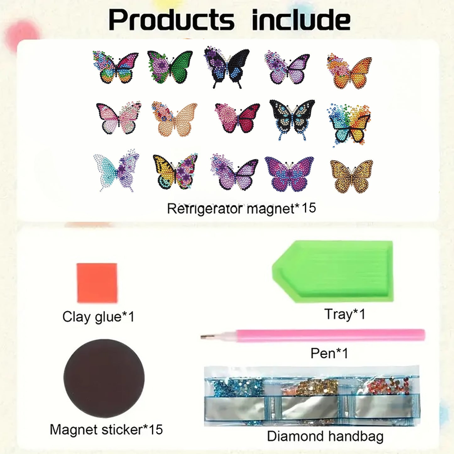 15pcs Butterfly 2D Acrylic DIY Diamond Art Fridge Magnet Kit for Home Car Decor