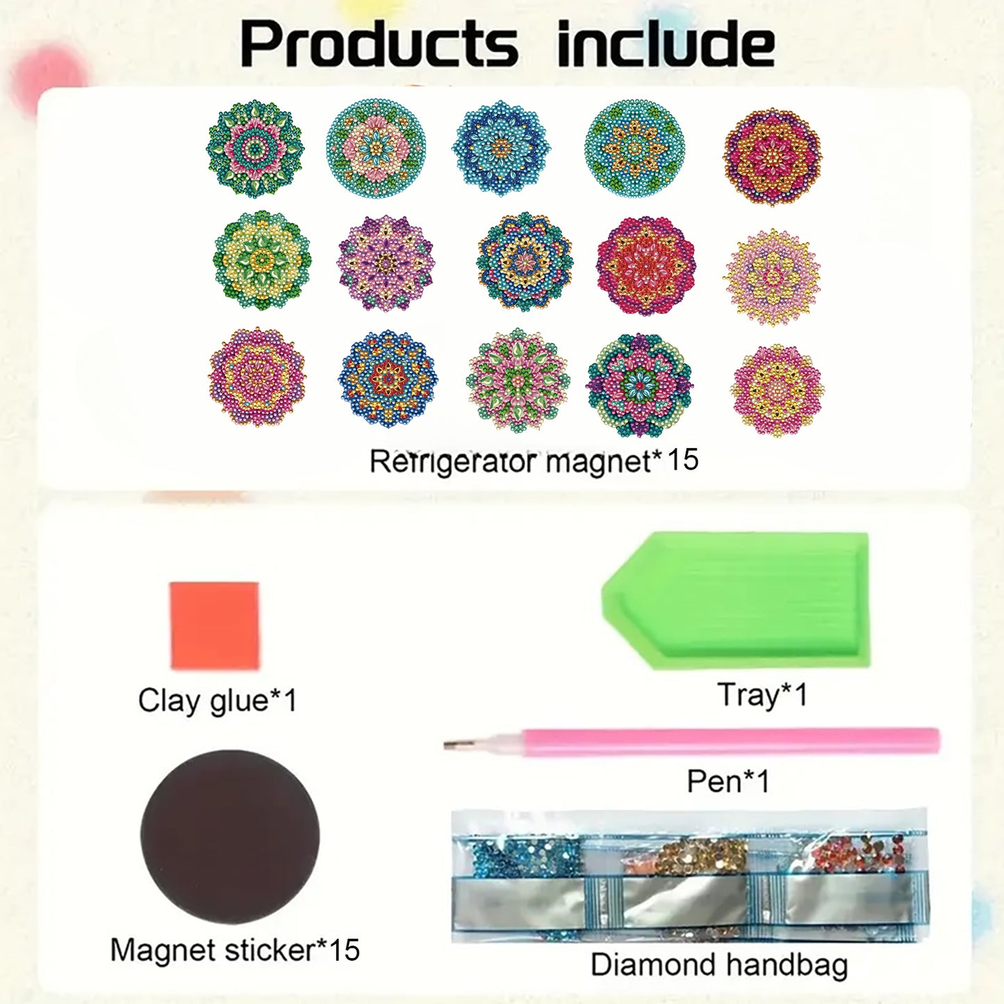 15pcs Mandala 2D Acrylic DIY Diamond Art Fridge Magnet Kit for Home Car Decor