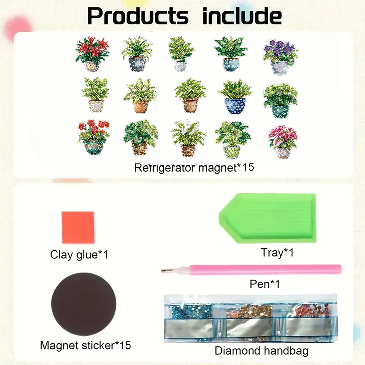 15pcs Potted Plants 2D Acrylic DIY Diamond Art Fridge Magnet Kit for Home Decor