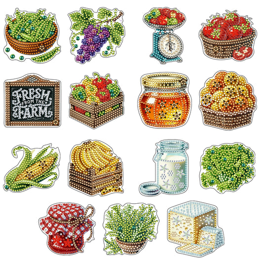 15pcs Vegetable 2D Acrylic DIY Diamond Art Fridge Magnet Kit for Home Car Decor