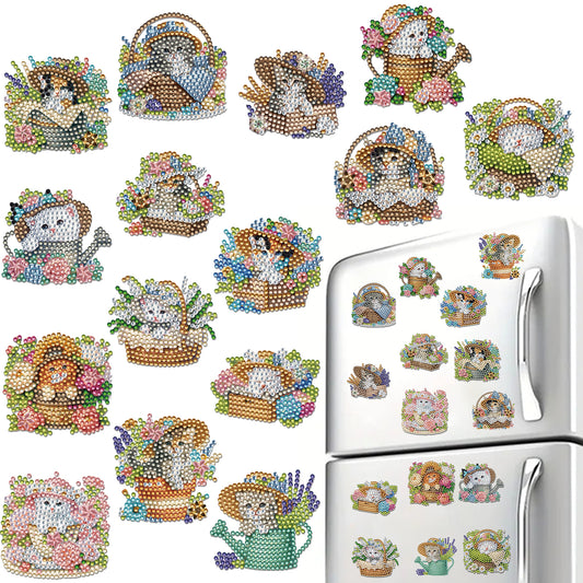15pcs Cat 2D Acrylic DIY Diamond Art Fridge Magnet Kit for Home Car Decor